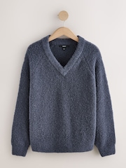 Charcoal Grey Boucle Long Sleeve V-Neck Knit Jumper with Wool - Image 6 of 8