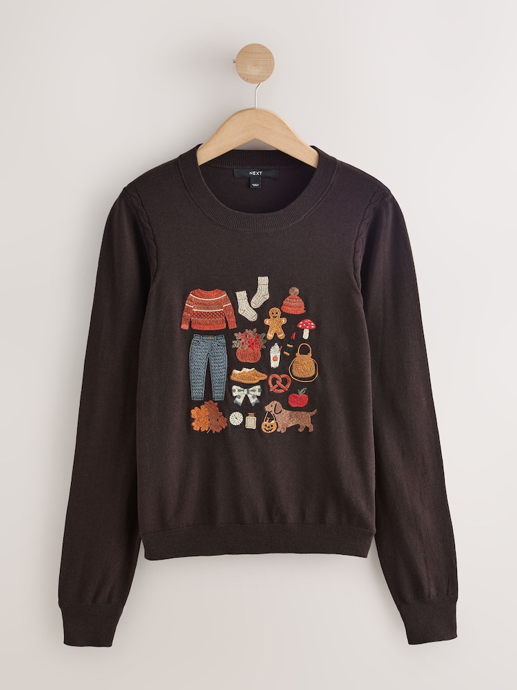 Chocolate Brown Autumnal Embroidery Cotton Rich Soft Touch Long Sleeve Crew Neck Jumper - Image 1 of 3 Chocolate Brown Autumnal Embroidery Cotton Rich Soft Touch Long Sleeve Crew Neck Jumper - Image 1 of 3