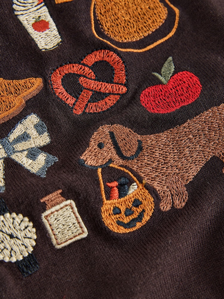 Chocolate Brown Autumnal Embroidery Cotton Rich Soft Touch Long Sleeve Crew Neck Jumper - Image 2 of 3 Chocolate Brown Autumnal Embroidery Cotton Rich Soft Touch Long Sleeve Crew Neck Jumper - Image 2 of 3