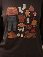 Chocolate Brown Autumnal Embroidery Cotton Rich Soft Touch Long Sleeve Crew Neck Jumper - Image 4 of 7