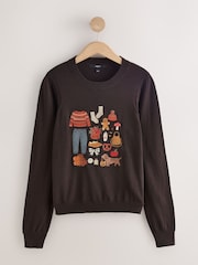Chocolate Brown Autumnal Embroidery Cotton Rich Soft Touch Long Sleeve Crew Neck Jumper - Image 5 of 7