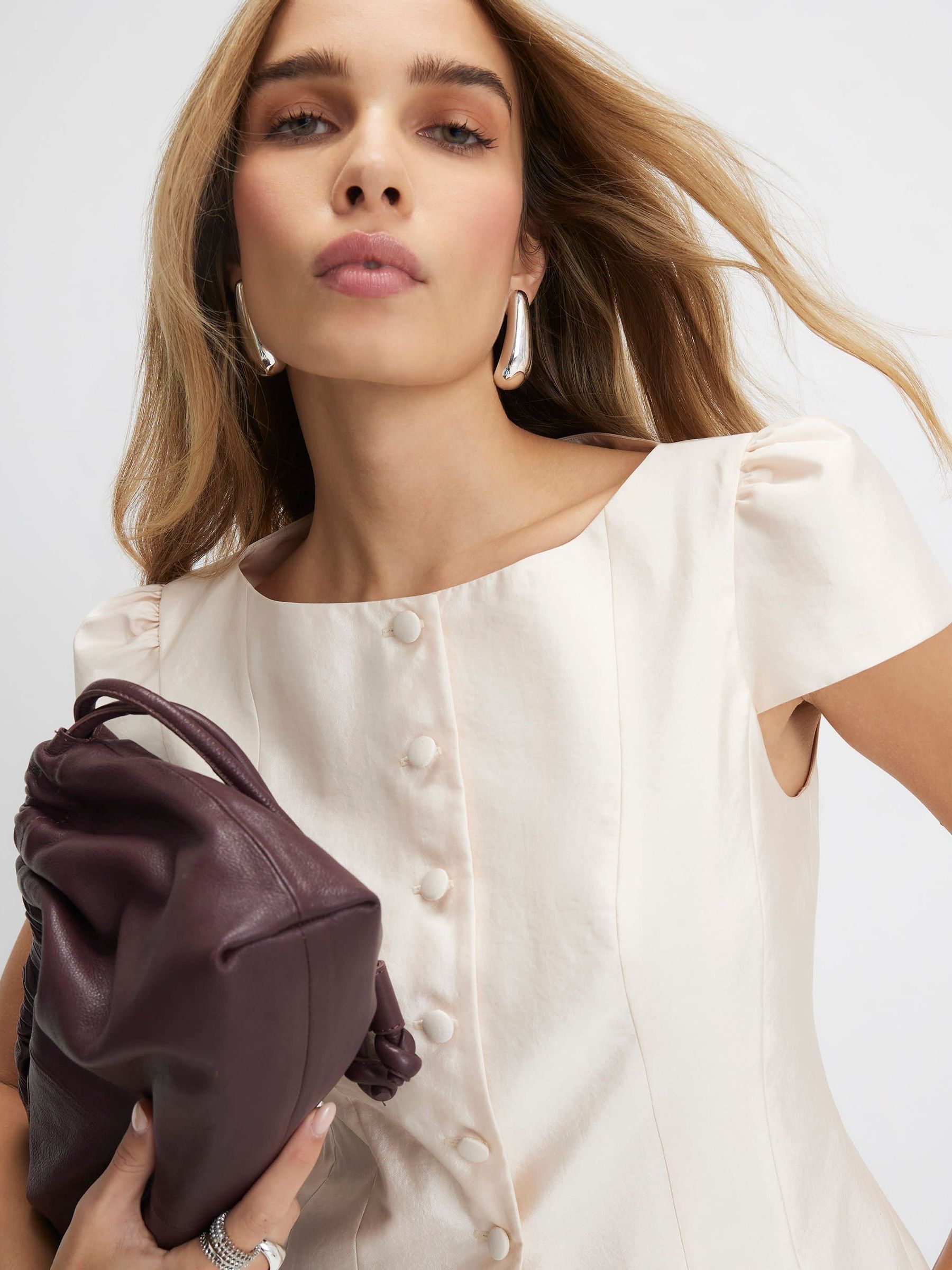 Buy River Island Cream Button Front Puff Sleeve Top from the Next