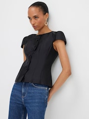 Negru - River Island Button Front Puff Sleeve Top - Imaginea 1 din 4