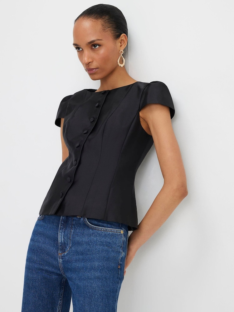 Negru - River Island Button Front Puff Sleeve Top - Imaginea 1 din 4