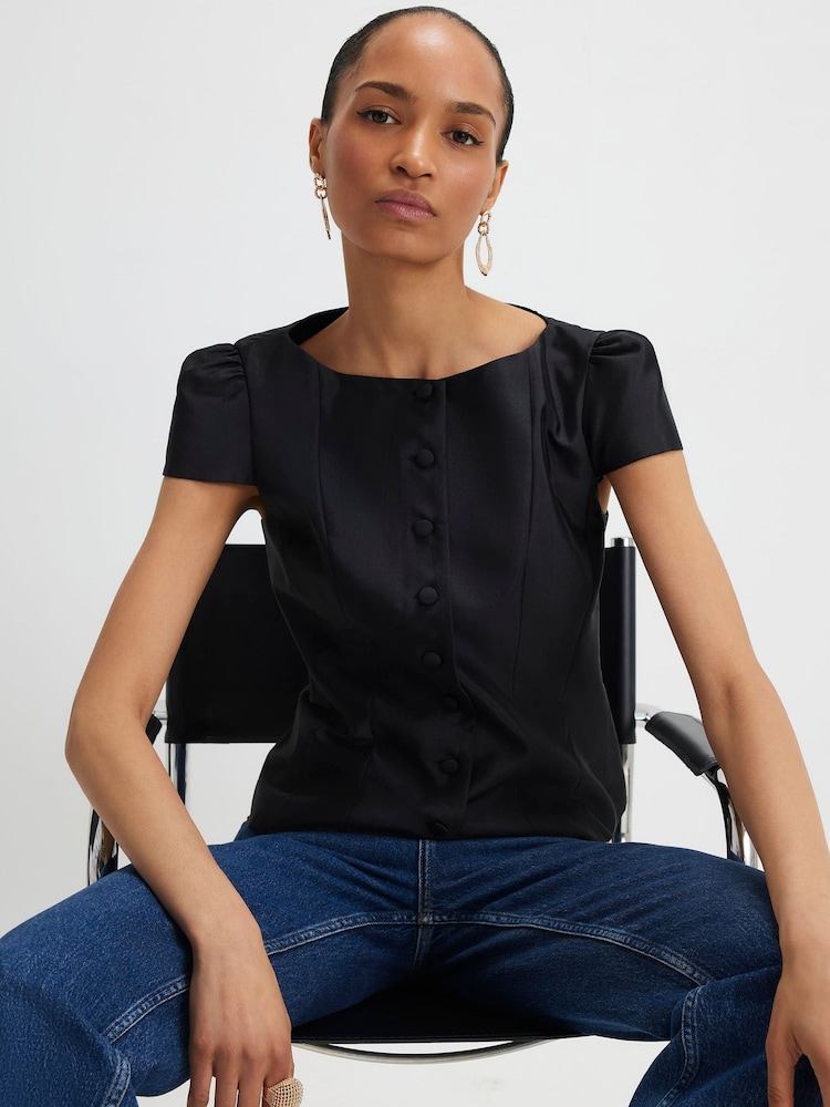 Negru - River Island Button Front Puff Sleeve Top - Imaginea 4 din 4