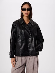 Whistles Black Short Leather Trench Jacket - Image 2 of 5