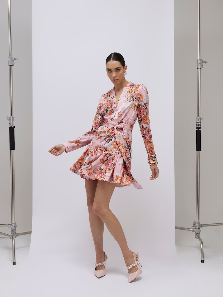 River Island Pink Long Sleeve Floral Belted Shirt Dress - Image 1 of 4