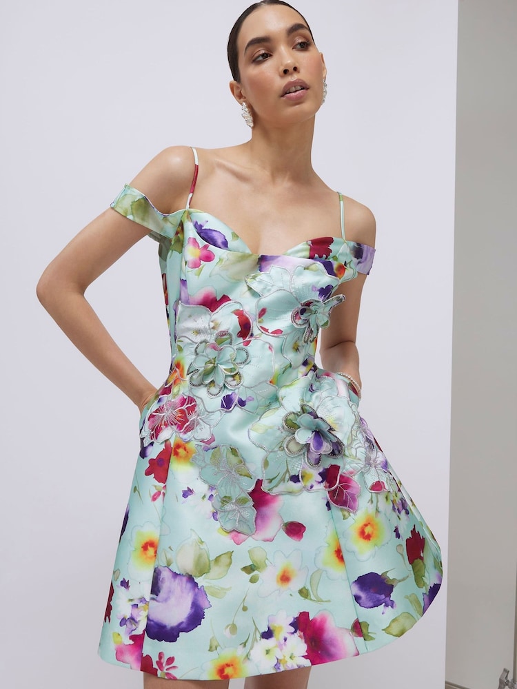 River Island Blue Strappy 3D Floral Beaded Mini Dress - Image 1 of 4