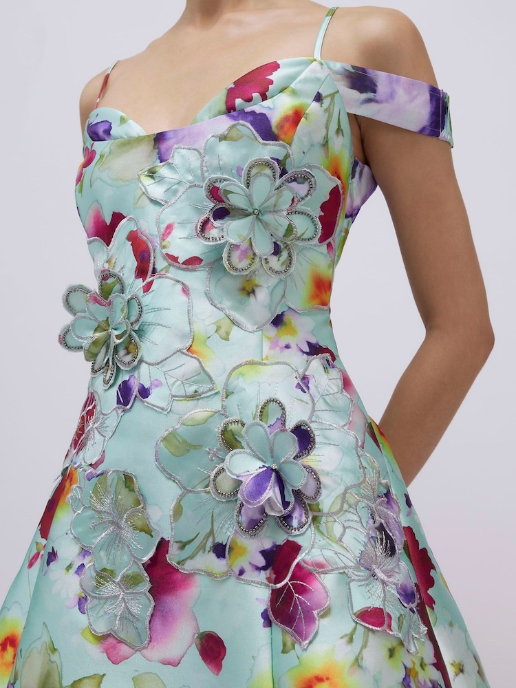 River Island Blue Strappy 3D Floral Beaded Mini Dress - Image 2 of 4