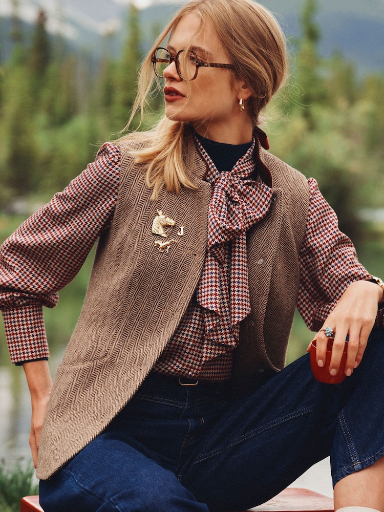 Hnědá - Tweed Wool Blend Nehru Collar Gilet - Obrázek 2 z 11 Hnědá - Tweed Wool Blend Nehru Collar Gilet - Obrázek 2 z 11