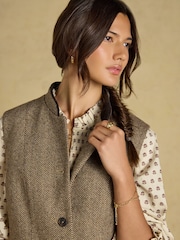 Hnědá - Tweed Wool Blend Nehru Collar Gilet - Obrázek 5 z 11