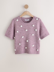 Lilac Purple Crew Neck Short Sleeve Embellished Knit Jumper - Image 1 of 3