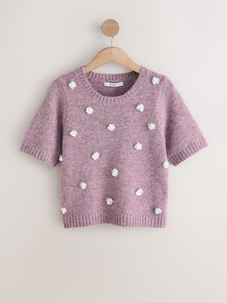 Lilac Purple Crew Neck Short Sleeve Embellished Knit Jumper - Image 1 of 3 Lilac Purple Crew Neck Short Sleeve Embellished Knit Jumper - Image 1 of 3