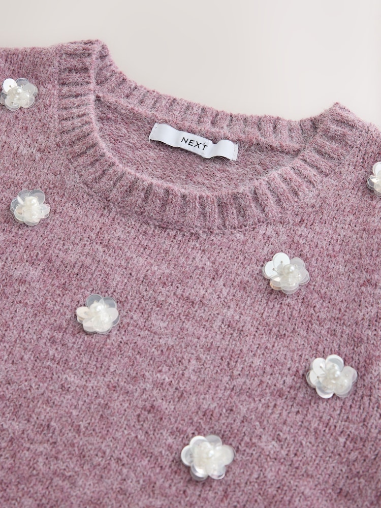 Lilac Purple Crew Neck Short Sleeve Embellished Knit Jumper - Image 2 of 3 Lilac Purple Crew Neck Short Sleeve Embellished Knit Jumper - Image 2 of 3