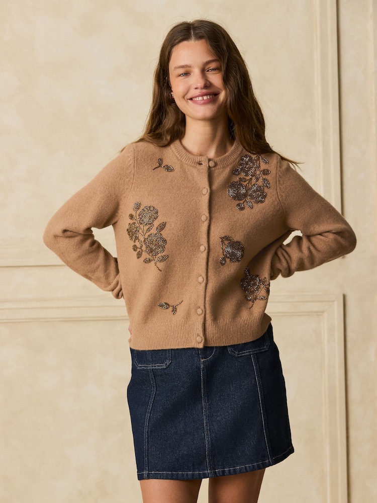chameau - Cardigan en maille à Manches longues à Col rond Fleuri - Image 2 de 7