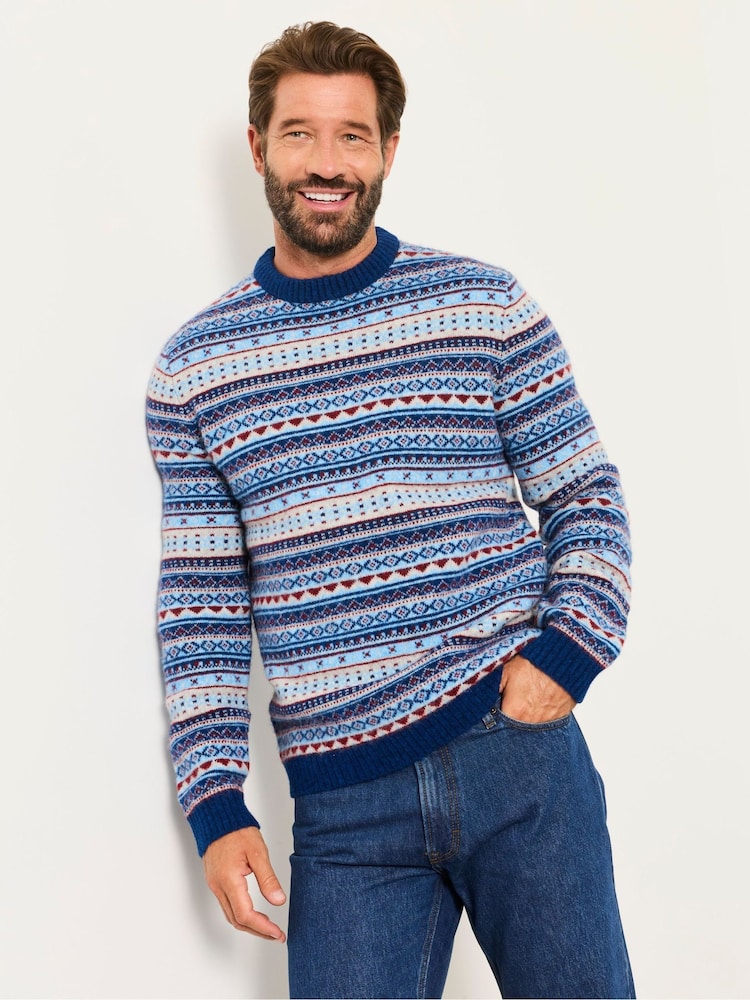 FatFace Blue Fairisle Knitted Crew Neck Jumper - Image 1 of 5 FatFace Blue Fairisle Knitted Crew Neck Jumper - Image 1 of 5