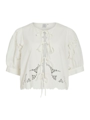 Rouge Edit White Short Sleeve Cutwork Tie Detail O-Neck Top - Image 1 of 2