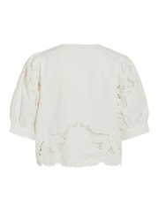 Rouge Edit White Short Sleeve Cutwork Tie Detail O-Neck Top - Image 2 of 2