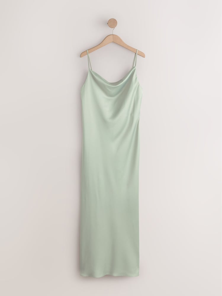 Sage Green Satin Cowl Neck Wedding Guest Bridesmaid Maxi Dress - Image 1 of 3 Sage Green Satin Cowl Neck Wedding Guest Bridesmaid Maxi Dress - Image 1 of 3