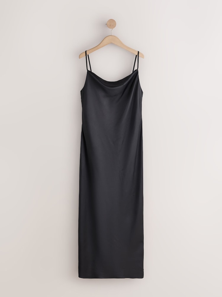 Schwarz - Satin Maxikleid mit Wasserfallausschnitt für Hochzeitsgäste und Brautjungfern - Bild 1 von 3