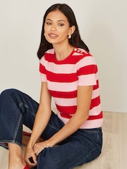 Yumi Red Block Stripe Knitted Top With Button Details - Image 1 of 5