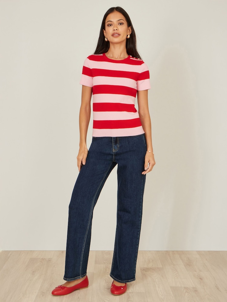 Yumi Red Block Stripe Knitted Top With Button Details - Image 2 of 5