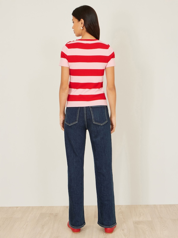 Yumi Red Block Stripe Knitted Top With Button Details - Image 5 of 5