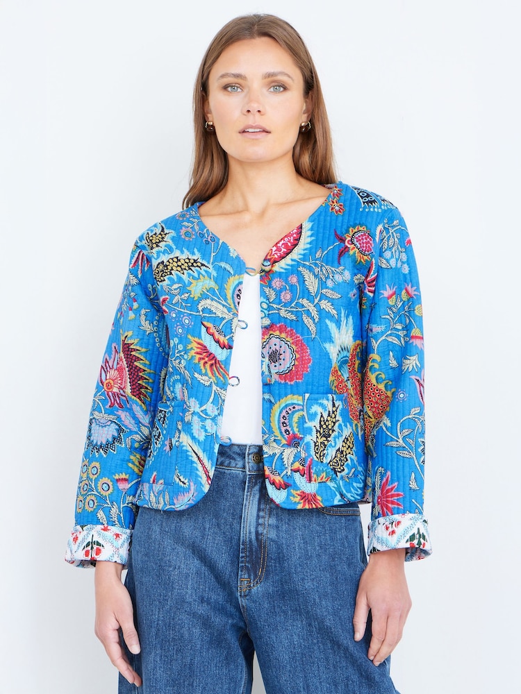Yumi Blue Boho Print Cotton Reversible Quilted Jacket - Image 1 of 4