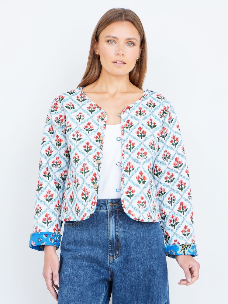 Yumi Blue Boho Print Cotton Reversible Quilted Jacket - Image 2 of 4