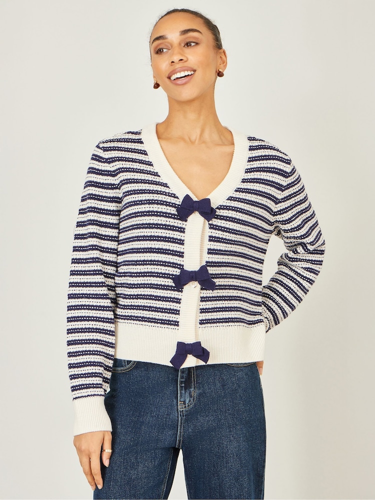 Yumi Blue Stripe Cardigan With Bow Detail - Image 1 of 4
