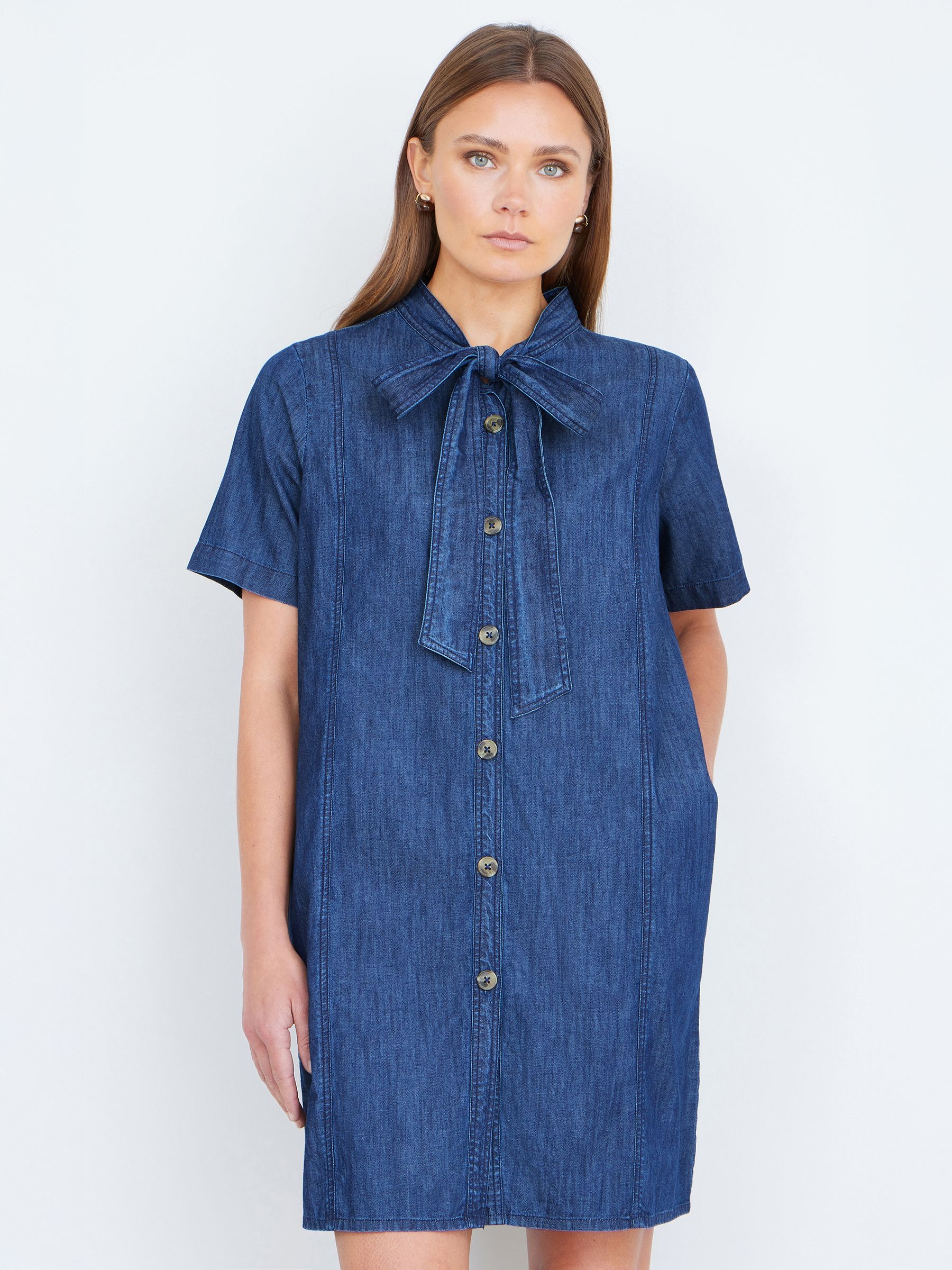 Yumi Women's Blue Chambray Tunic With Pussy Bow Tie