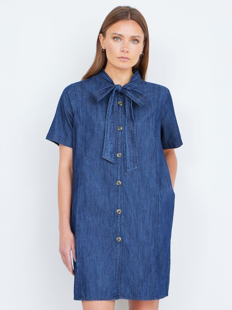 Yumi Blue Chambray Tunic With Pussy Bow Tie - Image 1 of 5 Yumi Blue Chambray Tunic With Pussy Bow Tie - Image 1 of 5