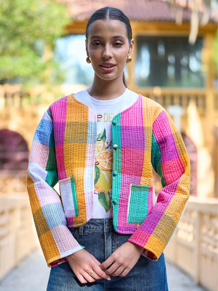 Yumi Pink Check Cropped Reversible Cotton Quilted Jacket - Image 1 of 5