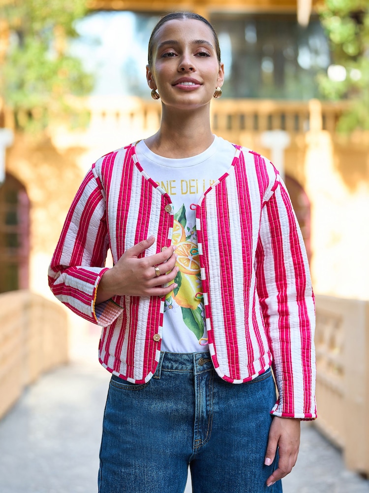 Yumi Pink Check Cropped Reversible Cotton Quilted Jacket - Image 2 of 5