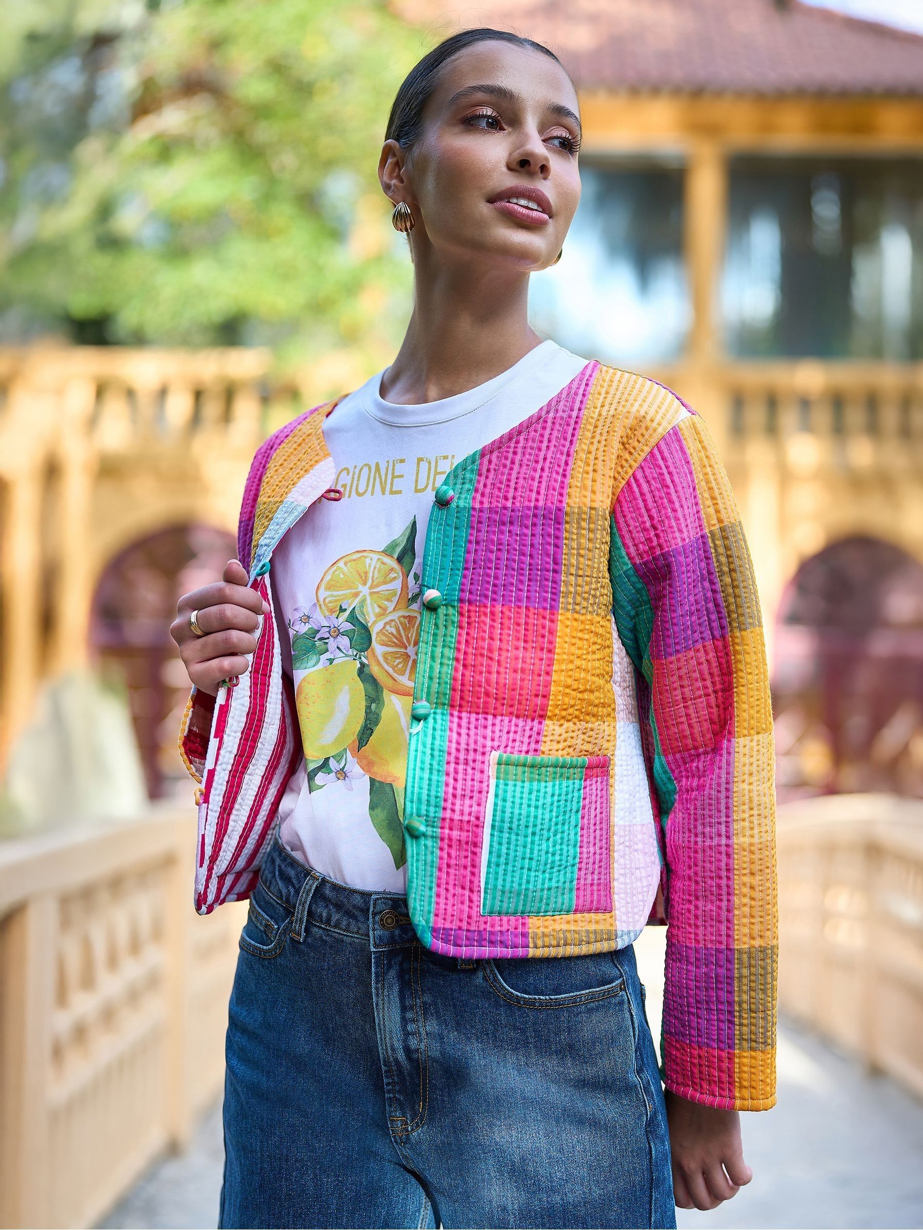 Buy Yumi Pink Check Cropped Reversible Cotton Quilted Jacket from