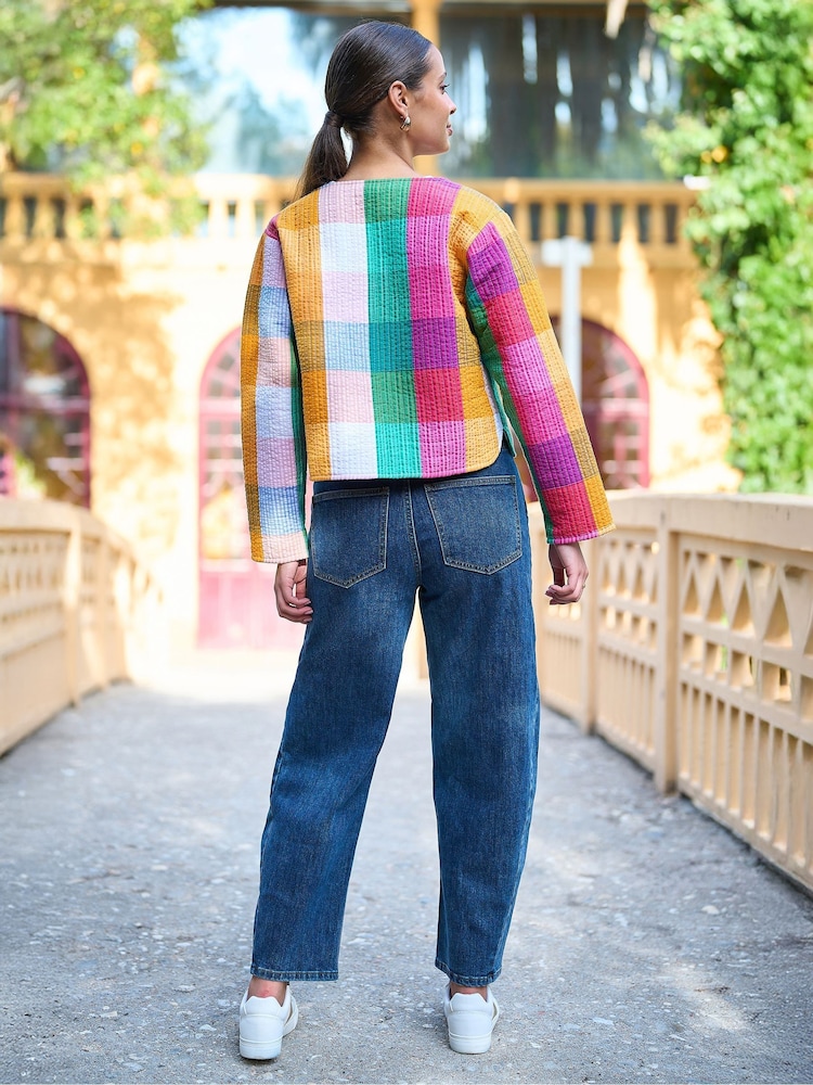 Yumi Pink Check Cropped Reversible Cotton Quilted Jacket - Image 5 of 5