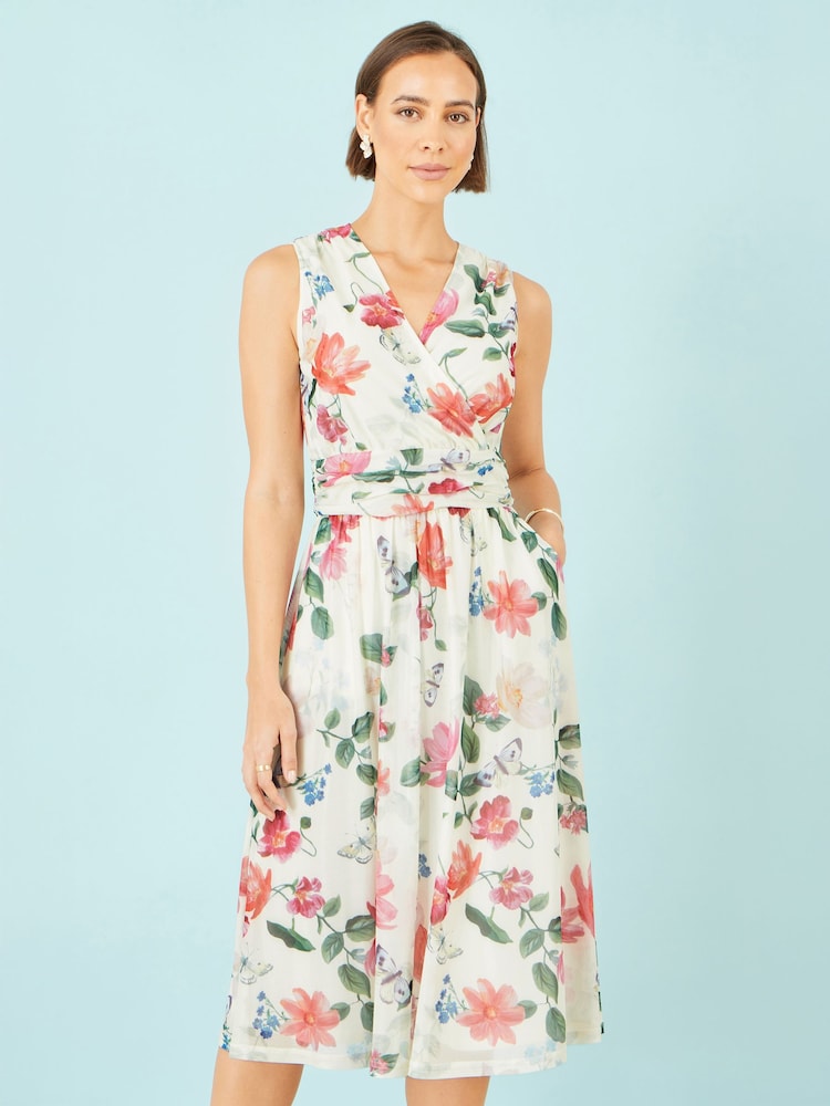 Yumi Cream Blurred Floral Print Mesh Stretch Midi Dress With Pockets - Image 1 of 5