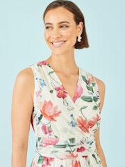 Yumi Cream Blurred Floral Print Mesh Stretch Midi Dress With Pockets - Image 4 of 5