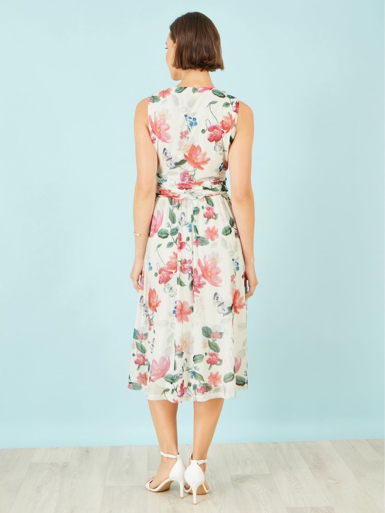 Yumi Cream Blurred Floral Print Mesh Stretch Midi Dress With Pockets - Image 5 of 5
