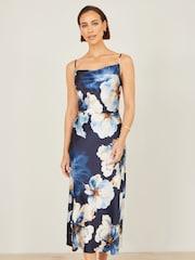 Yumi Blue Cowl Neck Satin Floral Dress - Image 1 of 5