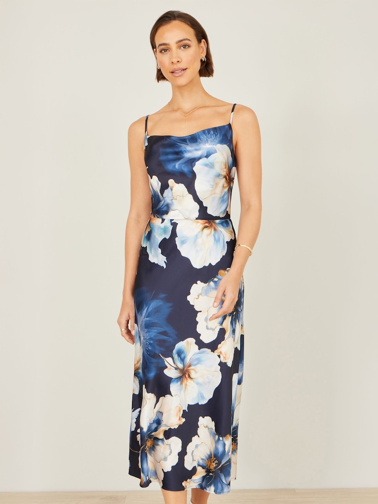 Yumi Blue Cowl Neck Satin Floral Dress - Image 1 of 5 Yumi Blue Cowl Neck Satin Floral Dress - Image 1 of 5