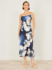 Yumi Blue Cowl Neck Satin Floral Dress - Image 2 of 5