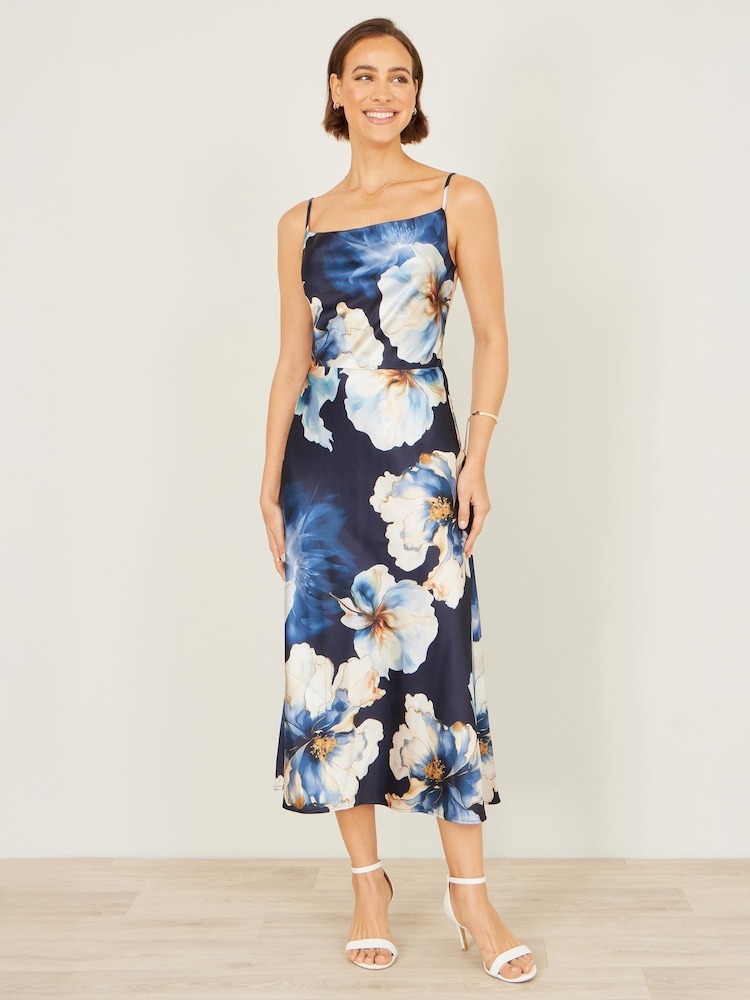 Yumi Blue Cowl Neck Satin Floral Dress - Image 2 of 5 Yumi Blue Cowl Neck Satin Floral Dress - Image 2 of 5