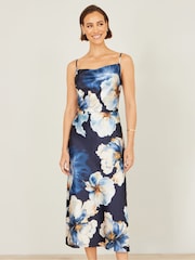 Yumi Blue Cowl Neck Satin Floral Dress - Image 3 of 5