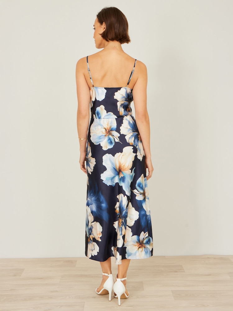Yumi Blue Cowl Neck Satin Floral Dress - Image 5 of 5 Yumi Blue Cowl Neck Satin Floral Dress - Image 5 of 5