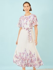 לבן/ורוד - Yumi שמלת מידי עם קפלים ועיצוב פרחוני בתמונת מראה - תמונה 1 מתוך 5