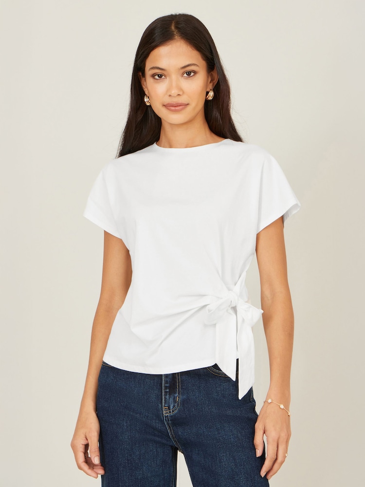 Yumi White Cotton Jersey Top With Knot Detail - Image 1 of 4