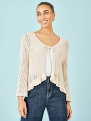 Yumi Natural Tie Front Knitted Pointelle Cardigan - Image 1 of 5