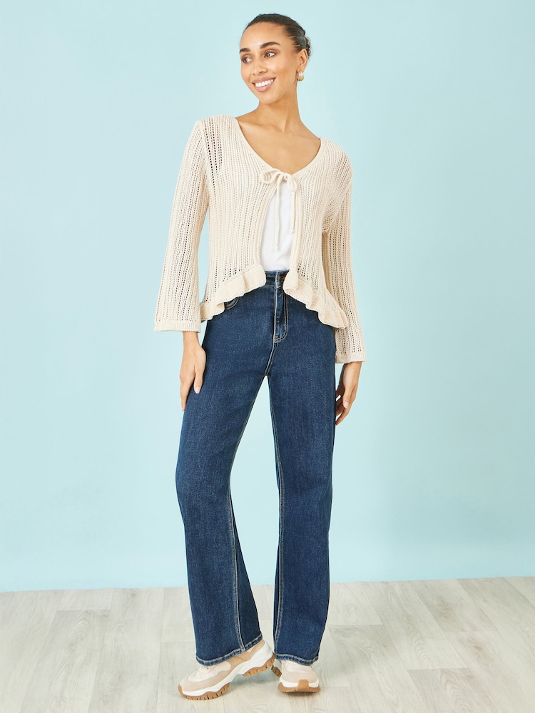 Yumi Natural Tie Front Knitted Pointelle Cardigan - Image 2 of 5