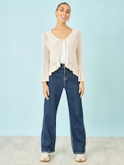 Yumi Natural Tie Front Knitted Pointelle Cardigan - Image 3 of 5